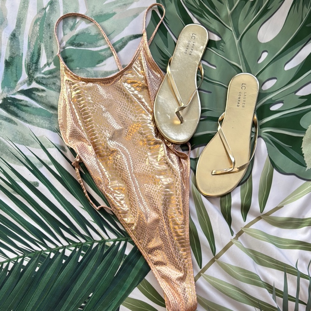 👙 Metallic Gold Swimsuit and Sandals | 2 for $15